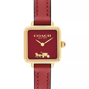 Coach Women's Gold-Tone Square Watch with Red Dial and Strap